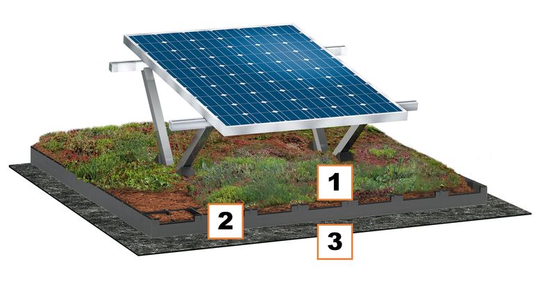Gründach-Aufbau Photovoltaikgründach residential mit Darstellung der 3 Systemkomponenten.